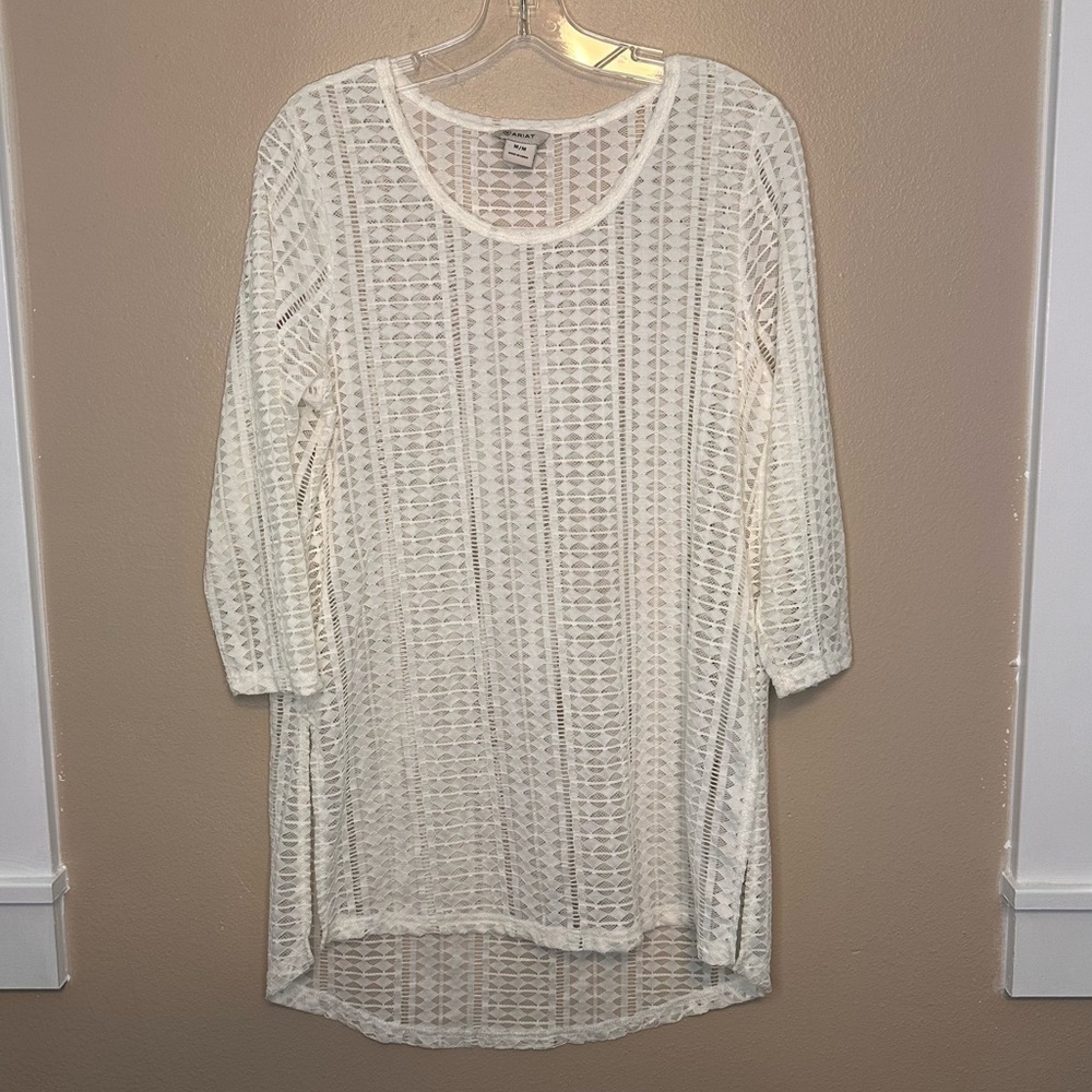 Ariat Sheer White Ribbed Tunic with 3/4 Sleeves Size Medium Swimsuit Cover